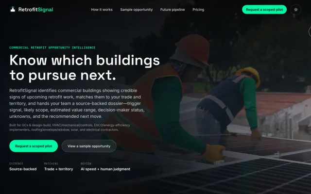The RetrofitSignal marketing site homepage: the RetrofitSignal wordmark, the headline 'Know which buildings to pursue next,' and a green primary call to action over a dark hero field.