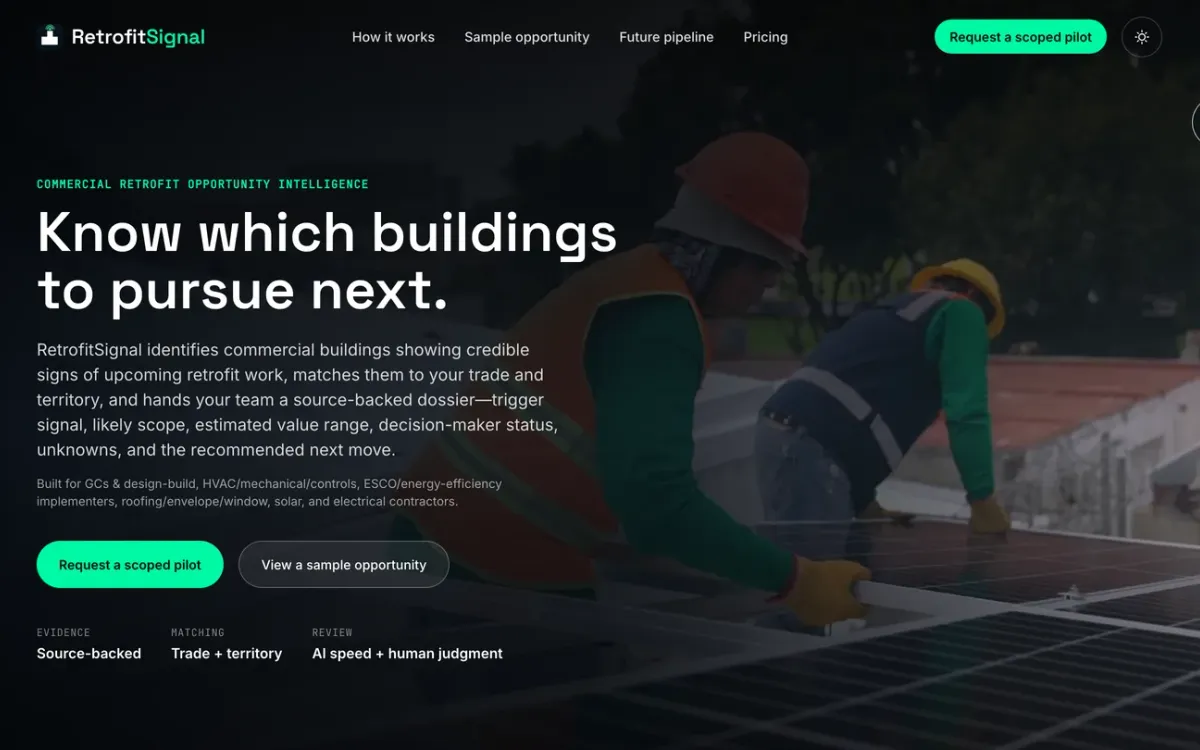 The RetrofitSignal marketing site homepage: the RetrofitSignal wordmark, the headline 'Know which buildings to pursue next,' and a green primary call to action over a dark hero field.
